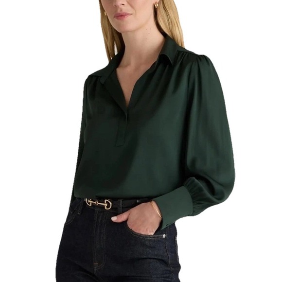 Quince Tops - Quince Washable Stretch Silk Split Neck Blouse Forest Green Women's L